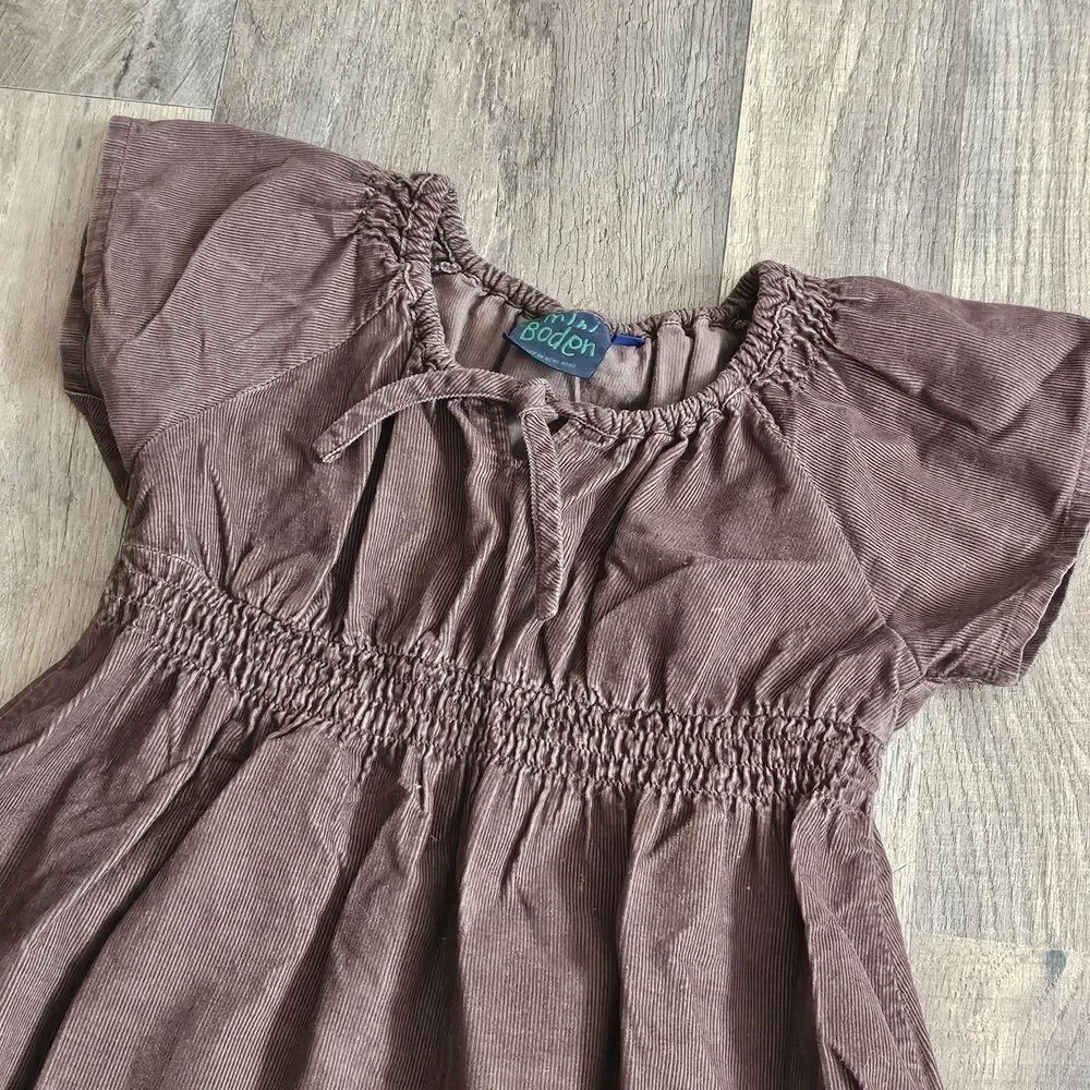 Vintage Mini Boden Corduroy Embroidered Dress Brown Pink Cottagecore 5-6Y